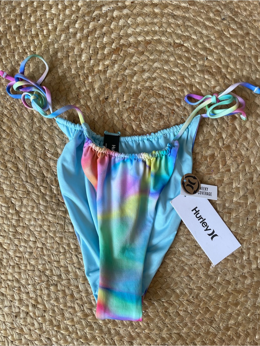 Hurley Light Blue Bikini Bottom with Rainbow Tie Straps Medium NWT Beach